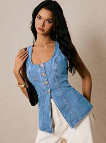 Poéselle 女式方领单排扣无袖牛仔上衣 - 淺色水洗藍 - 查看 4