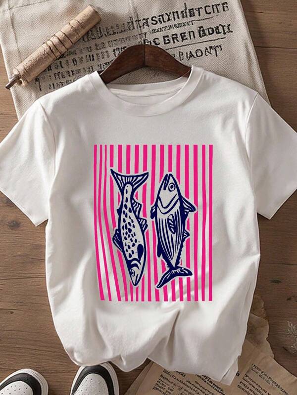 Glissea Women Loose Fit Round Neck T-Shirt, Vintage Sardine Fish Pattern, Seafood Vacation Retro Design Top, 90s Aesthetic Tee
