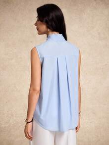 House of One Tie Front Cotton Blend Woven Sleeves Button-Up Shirt Top Women Casual Spring Summer Wear Baby Blue Top Women Bow Top Women Light Blue Top Women Sleeveless Top Blue And White Women