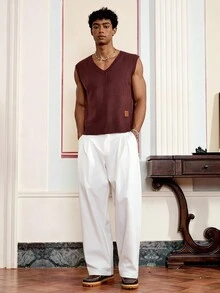 SWAVVY 男士休闲V领标准尺码针织无袖毛衣，适合秋冬 - 咖啡棕 - 查看 3