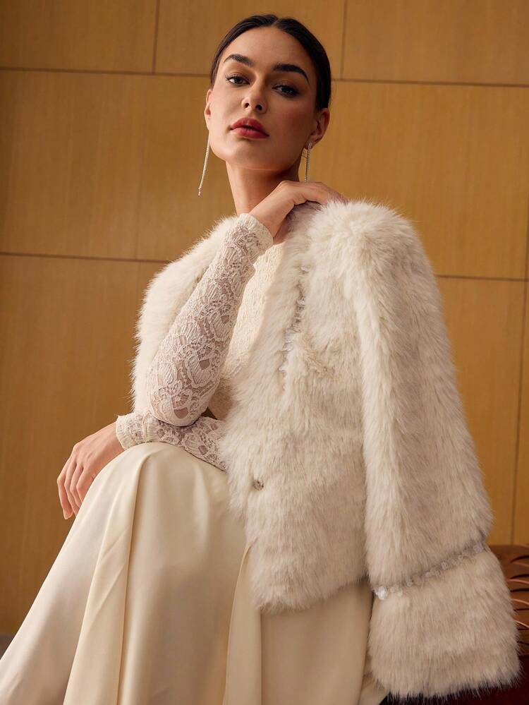 V NECK BUTTON UP FAUX FUR COAT