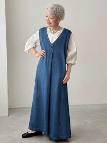 FRIFUL 女式V领口袋无袖宽松休闲牛仔连衣裙 - 藍色 - 查看 7