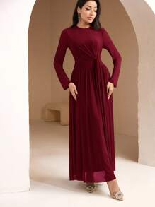 Veilorie Váy thanh lịch dành cho nữ có dây buộc eo, tay dài màu trơn bồng bềnh, mùa hè - Màu Đỏ Sâu - Xem 4