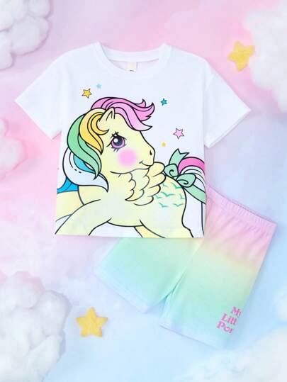 My Little Pony X SHEIN Set de 2 piezas de camiseta de manga corta con cuello redondo y estampado de caballos, y shorts casuales y lindos para niña, para verano