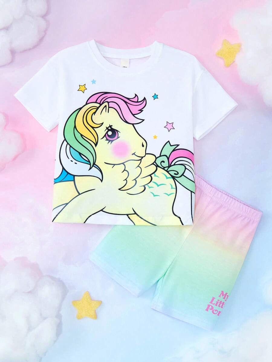 My Little Pony X SHEIN 2 件套年轻女孩休闲可爱马匹印花圆领短袖 T 恤和短裤，夏季 - 彩色 - 查看 1