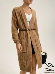 GENKIRA Cárdigan vintage de punto grueso con bolsillo grande, suéter abierto de longitud media elegante y tejido grueso para mujeres - Caqui - Ver 1