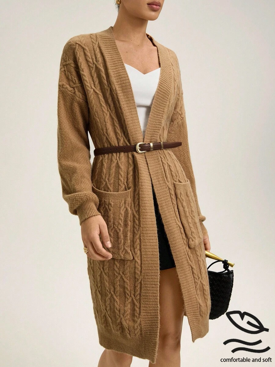 GENKIRA Cárdigan vintage de punto grueso con bolsillo grande, suéter abierto de longitud media elegante y tejido grueso para mujeres - Caqui - Ver 1