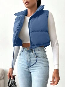 RueChic Drawstring Hem Zipper Vest Puffer Coat - Navy Blue - View 5