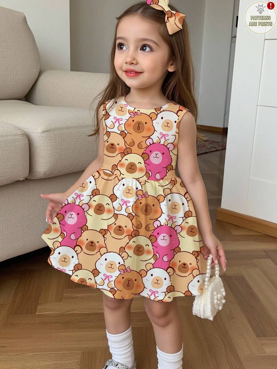 SHEIN 可爱的水豚卡通动物印花连衣裙，柔和的色调，适合夏季的年轻女孩休闲无袖中长连衣裙，摩卡和谐，时尚漫步，毕业季准备就绪，假日季节，步入魅力，时尚漫步 - 彩色 - 查看 1