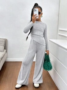 SHEIN مجموعة بنطلون ولباس علوي كاجوال رمادية للمراهقات، بأكمام طويلة غير متماثلة مصنوعة من الأقمشة المحبوكة المرنة، وبخصر مربوط بسحاب، مناسبة للخريف والشتاء