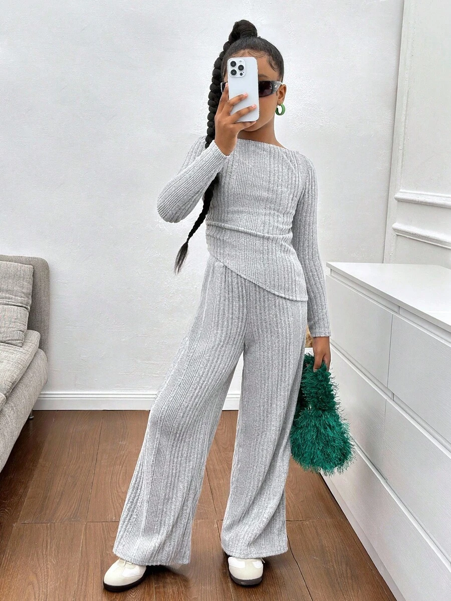 SHEIN مجموعة بنطلون ولباس علوي كاجوال رمادية للمراهقات، بأكمام طويلة غير متماثلة مصنوعة من الأقمشة المحبوكة المرنة، وبخصر مربوط بسحاب، مناسبة للخريف والشتاء