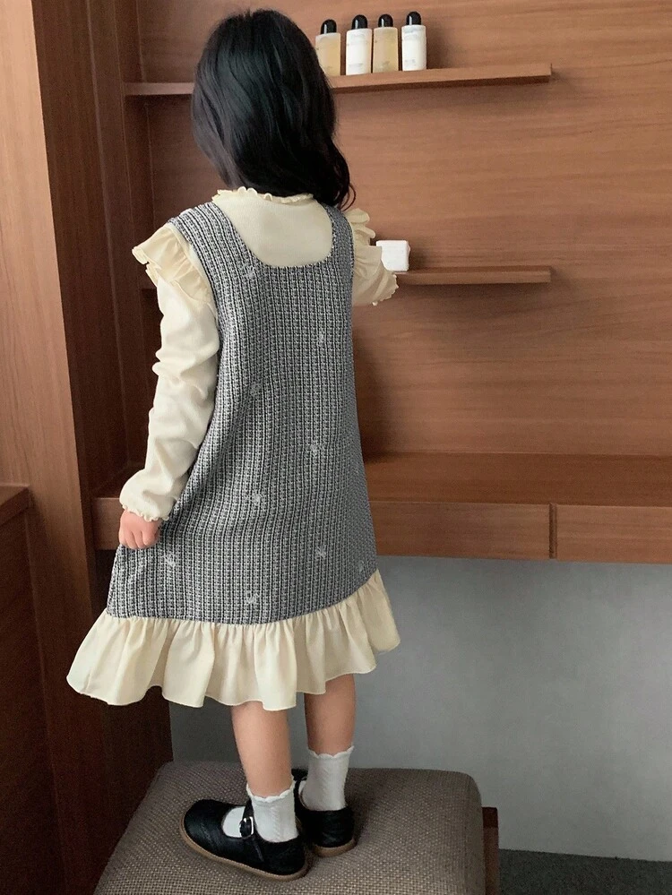 2pcs Young Girl Girls Fall Outfit Set - Turtleneck Knit Top + Pinafore Dress