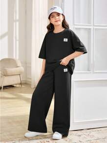 SHEIN 2 件套青少年女孩休闲宽松舒适圆领短袖 T 恤和裤子套装 - 黑色 - 查看 5