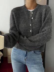 女士纯色圆领长袖单排扣休闲针织开衫秋冬 - 灰色 - 查看 3