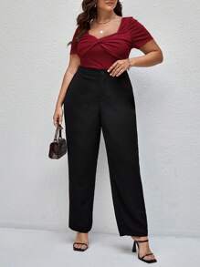 Firerie Plus Rib-Knit Twist Sweetheart Neck Tee - Burgundy - View 10