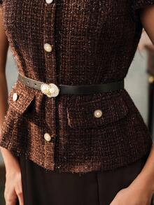 Anewsta Women's Elegant Coffee Color Dress With Tweed & Satin Patchwork, Fishtail Hem, Summer New Arrival - Coffee - View 4