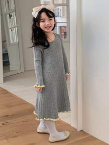 DAZY 女童圆领休闲针织中长连衣裙 - 灰色 - 查看 3