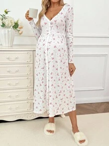 SHEIN Maternity Casual Ditsy Floral Front Button Dress,Pajama,Pajama Dress,Loungewear,Sleepwear - White - View 4