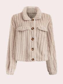 SHEIN PETITE CURVE Plus Size Casual Solid Color Coral Fleece Jacket, Autumn/Winter - Grey - View 1