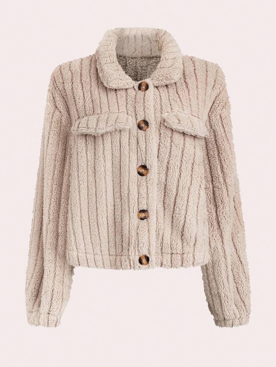 SHEIN PETITE CURVE Plus Size Casual Solid Color Coral Fleece Jacket, Autumn/Winter - Grey - View 1