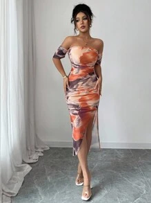 Elenzga 女士优雅露肩扎染开衩修身连衣裙，秋季长款女装 - 摩卡棕 - 查看 3