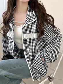 FRIFUL Jaqueta Casual Feminina de Viagem com Babado Xadrez
