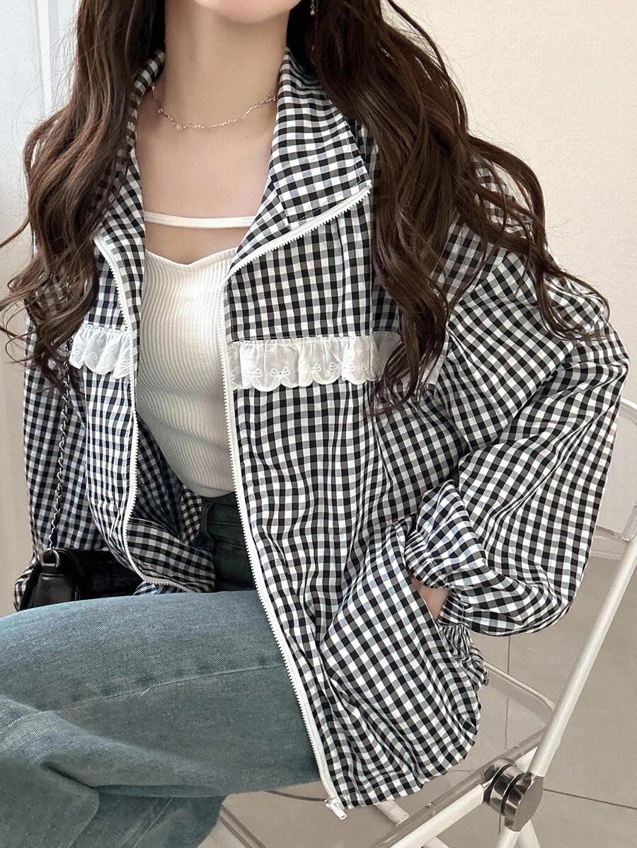 FRIFUL Jaqueta Casual Feminina de Viagem com Babado Xadrez