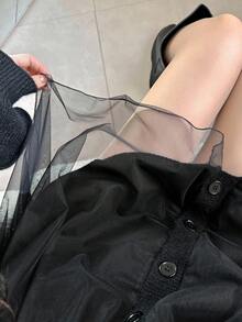 FRIFUL 女士圆领针织毛衣，网眼荷叶边下摆拼接，宽松灯笼袖休闲开衫 - 黑色 - 查看 2