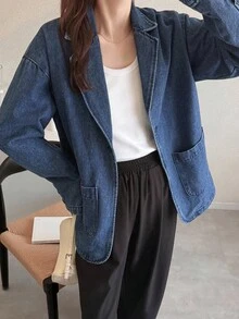 FRIFUL 女式休闲百搭宽松牛仔夹克，带双口袋 - 藍色 - 查看 4