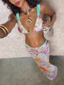 Swim Glamine 女式波西米亚三角杯图案蓝色比基尼泳装罩衫裙套装，优雅休闲春夏季假日海滩派对节日性感影响者 - 彩色 - 查看 4