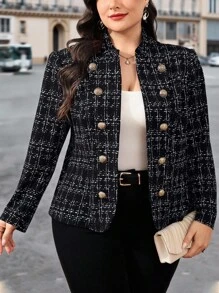 SHEIN Clasi Jacke in Große Größen für Damen, elegante leichte bedruckte Tweed-Jacke mit goldfarbenen Knopfverzierungen, vielseitig einsetzbar für Lässig, Büro, Herbst Outfits für Lehrerinnen in Große Größen, Bürooutfits für Damen, Lehrerinnen-Outfits, Ausgehoutfits - Schwarz und Weiss - Übersicht 1