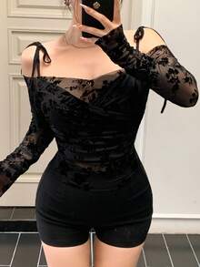 Joudiya 印花网纱植绒撞色无袖吊带背心，系带设计，适合派对、婚礼、春夏秋季外出穿着，女士长袖上衣 - 黑色 - 查看 4