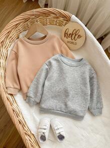 SHEIN 2 件套女婴休闲纯色针织长袖运动衫，保暖内衬，百搭，秋冬 - 卡其色 - 查看 4