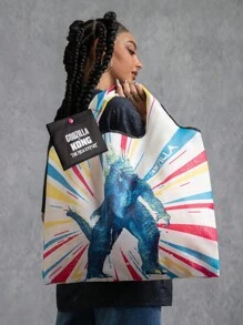 GODZILLAxKONG X SHEIN 1 件卡通图案可折叠购物袋，带小袋的手提包，配有珍珠链可挂在其他包上，适合通勤、购物、旅行，男女皆宜，轻巧便携 - 彩色 - 查看 3