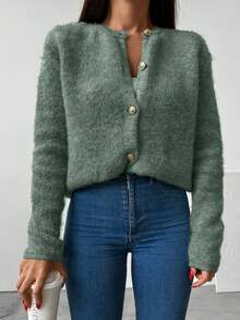 EURMUSE Button Front Drop Shoulder Cardigan - Green - View 3
