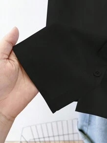 INAWLY Áo sơ mi nữ tay ngắn, cài nút đơn, dáng rộng, màu trơn, mùa hè - màu đen - Xem 5