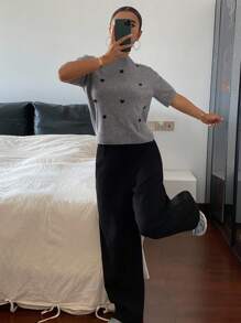 DAZY Heart Decor Loose Fit Short Sleeve Round Neck Casual Knit Top For Women, Spring/Autumn