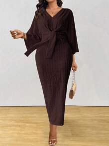 DreamSkyne Plus Size Women's Jacquard Long Split Hem 3/4 Sleeve Dress - Brown - View 8