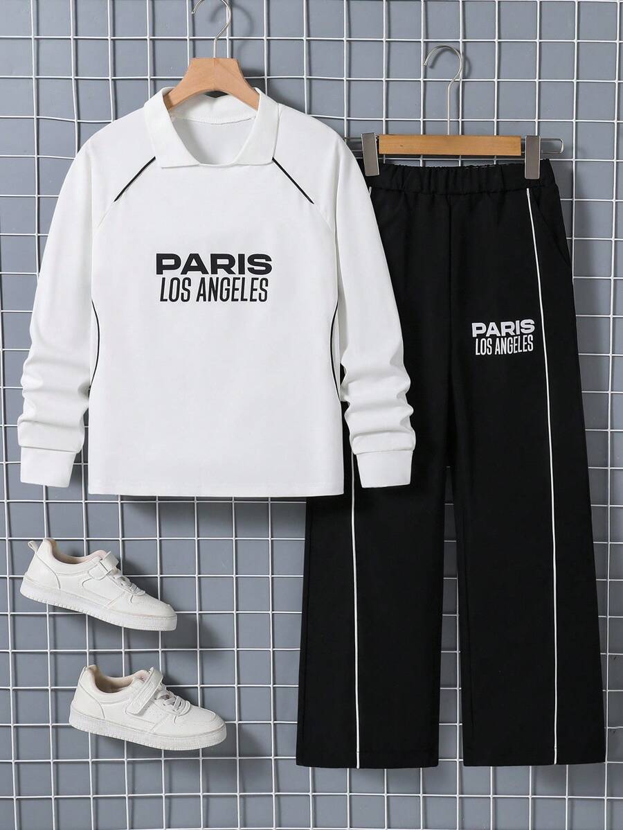 Tween Boy Casual Letter Print T-Shirt And Pants Set Chic Outfits For Autumn/Winter - White - View 1