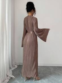 Elenzga Standard Size Women's Elegant Midi Dress With Flared Sleeves, Pleated Waist Tie Design Fall Cloth For Women