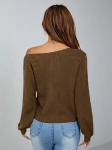 SHEIN PETITE 女款棕色毛衣，秋季休閒日常露肩上衣，斜肩坑條紋套頭衫，長袖不對稱毛衣，適合秋冬，小碼女款 - 棕色 - 查看 2
