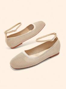 CUCCOO BASICS Cómodos mocasines planos de tela de malla color albaricoque con punta cuadrada, para mujer