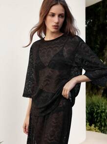 Maija Women's Sexy Solid Color Hollow Out Sheer T-Shirt,Boho Women Clothing - Black - View 6