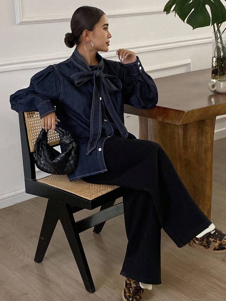 Women's Long Sleeve Tie Collar Loose Casual Denim Blouse,Jeans Jacket,Fall Women Clothes