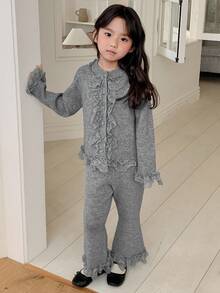DAZY 两件套女童蕾丝拼接褶皱休闲长袖毛衣和宽松长裤套装 - 灰色 - 查看 4
