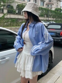 DAZY Women's Contrast Color Ribbon Bow Print Loose Casual Blouse Fall Tops Long Sleeve Top - Blue - View 4