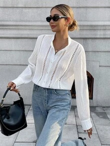 Chiquease 女士夏季服饰，法式优雅镂空蕾丝拼布时尚衬衫 - 白色 - 查看 4