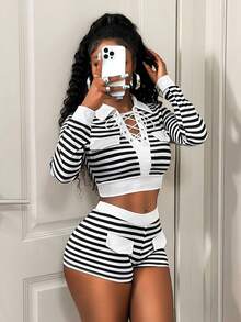 BamGleam 2 Stück/Set Damen Lässig gestreifter Kontrast Farbe Schnürung Kragen Langarm Top und Shorts, Neue Herbstmode, 2025 Neue Eisseide Bluse + Schnelltrocknende Shorts Set Damen lässiger Stil Dopamin Tragen kann außerhalb getragen werden Hauskleidung Herbstkleidung für Frauen - Schwarz und Weiss - Übersicht 4