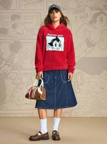 Astro Boy X SHEIN Women's Cartoon Figure Graphic Hooded Long Sleeve Teddy Pullover Sweatshirt - Red - View 5