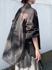 FRIFUL 女士纯色灯笼袖外套，时尚通勤黑色西装外套，女士宽松西装外套，宽松夹克，黑色夹克，女士西装外套，商务装 - 黑色 - 查看 2